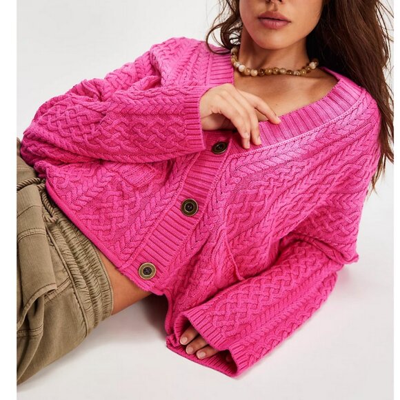 Free People Washed Ashore Cardi Knit Oversized Hot Pink Combo - Picture 1 of 8